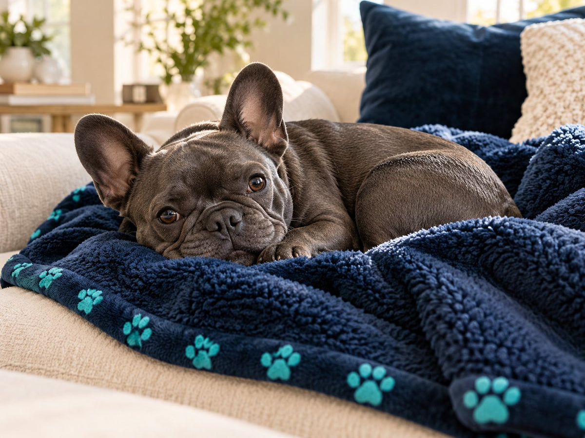 French bulldog resting on a soft navy paw-print blanket
