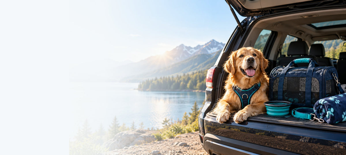 Golden retriever resting in an open SUV trunk by a mountain lake