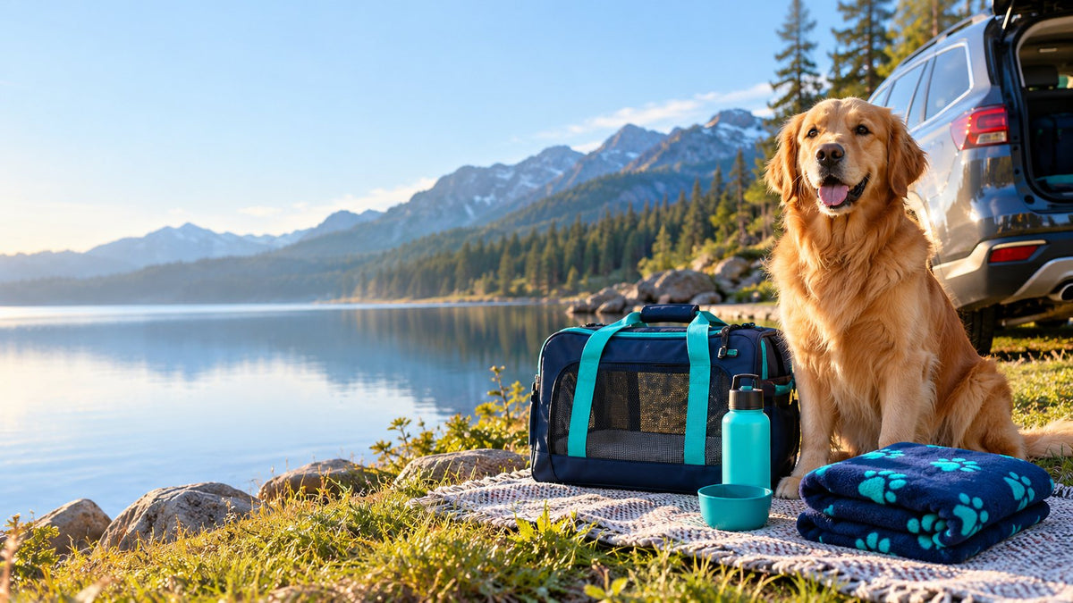 Golden retriever by a lake next to travel gear