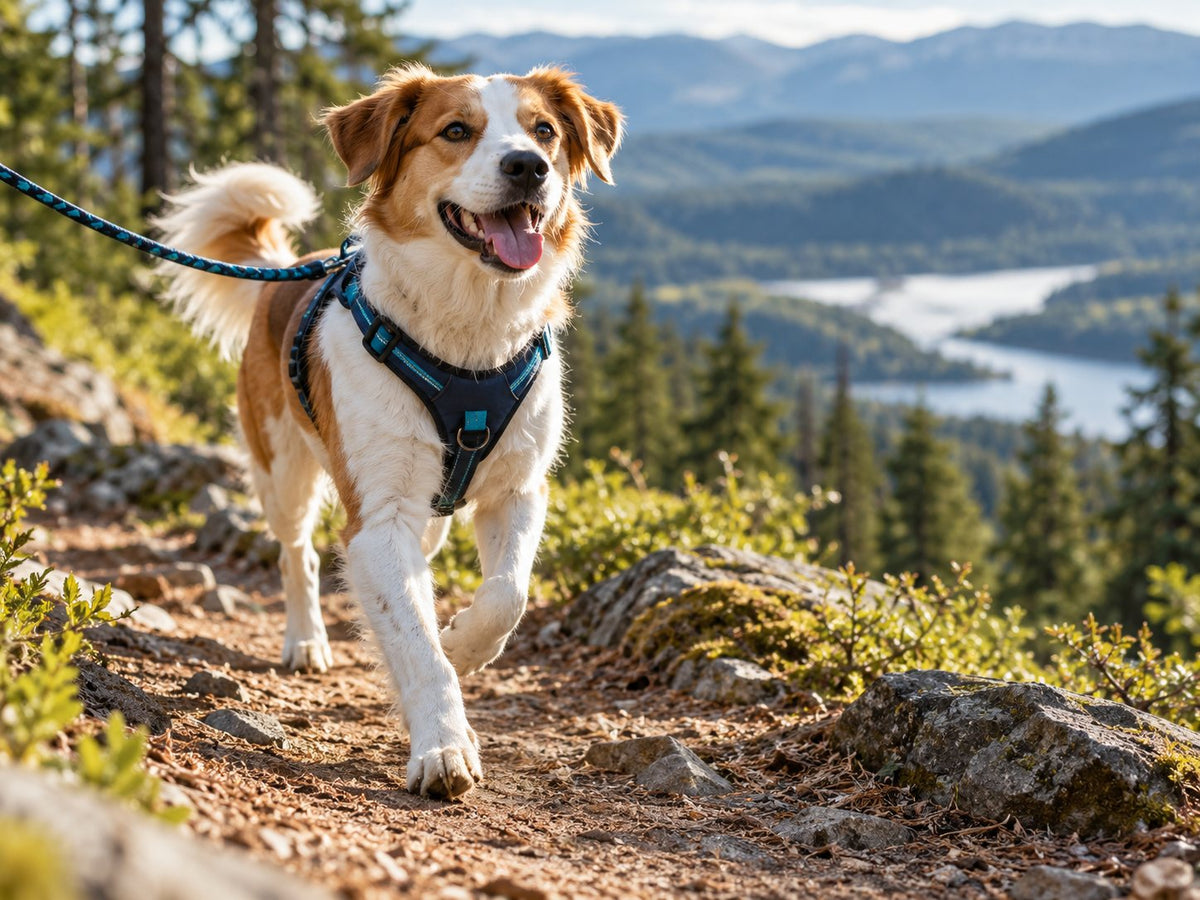 Dog in a harness walking on a mountain trail