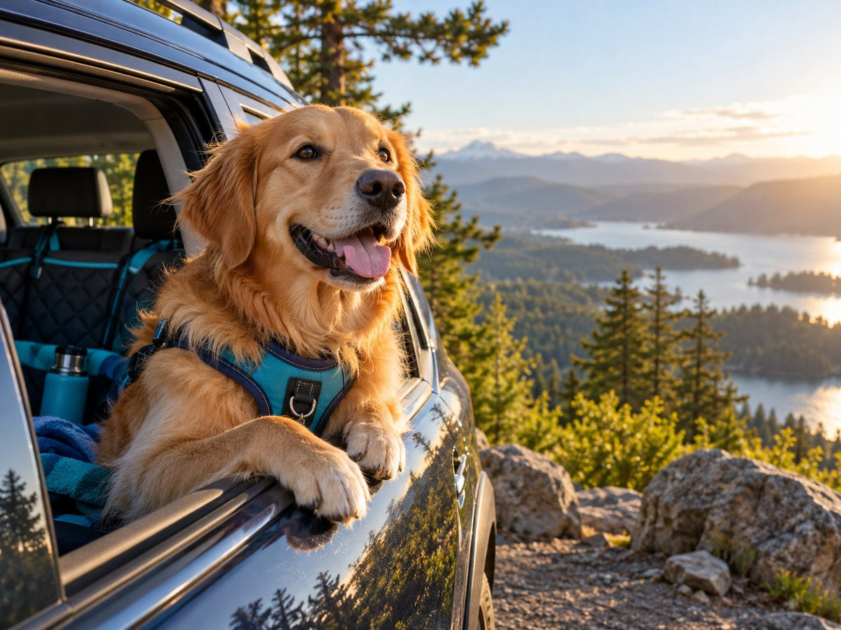 Happy golden retriever looking out a car window at sunset